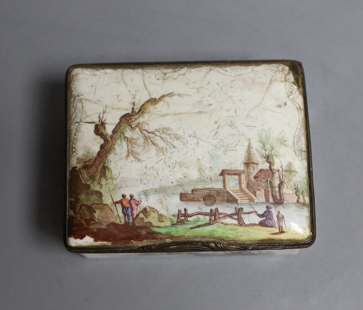 An 18th century German enamel on copper snuff box, 8.5 cms wide x x7cms